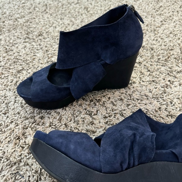 Eileen Fisher Draw Suede Open Toe Navy 4” Platform Wedge Leather Sandals - Picture 7 of 9
